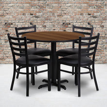 Load image into Gallery viewer, 36'' Walnut Table Set with X-Base and 4 Metal Chairs - Black Vinyl Seat
