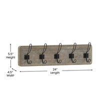 Load image into Gallery viewer, Wall Mounted 24 in Weathered Solid Pine Wood Storage Rack with 5 Hooks