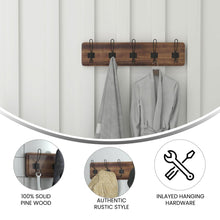 Load image into Gallery viewer, Wall Mounted 24 in Classic Brown Solid Pine Wood Storage Rack with 5 Hooks