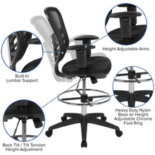 Load image into Gallery viewer, Mid-Back Black Mesh Drafting Chair with Chrome Foot Ring, Arms and Black Frame
