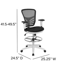 Load image into Gallery viewer, Mid-Back Black Mesh Drafting Chair with Chrome Foot Ring, Arms and White Frame