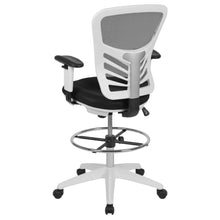 Load image into Gallery viewer, Mid-Back Black Mesh Drafting Chair with Chrome Foot Ring, Arms and White Frame