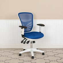 Load image into Gallery viewer, Mid-Back Blue Mesh Multifunction Executive Swivel Office Chair and White Frame