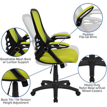 Load image into Gallery viewer, High Back Green Mesh Swivel Office Chair with Black Frame and Flip-up Arms