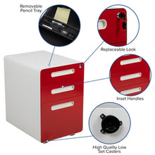 Load image into Gallery viewer, 3-Drawer Mobile Locking Filing Cabinet, White with Red Faceplate