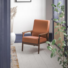 Load image into Gallery viewer, Upholstered Arm Chair with Walnut Finished Wooden Frame and Arms in Cognac