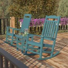 Load image into Gallery viewer, Set of 2 All-Weather Poly Resin Rocking Chairs with Accent Side Table in Teal