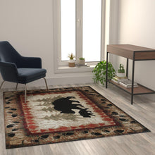 Load image into Gallery viewer, 5' x 7' Rustic Lodge Wandering Black Bear and Cub Area Rug with Jute Backing