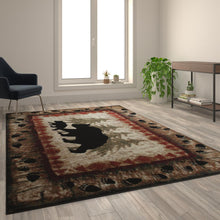 Load image into Gallery viewer, 6' x 9' Rustic Lodge Wandering Black Bear and Cub Area Rug with Jute Backing