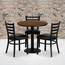 Load image into Gallery viewer, 30'' Round Walnut Table Set with 3 Ladder Back Metal Chairs - Black Vinyl Seat