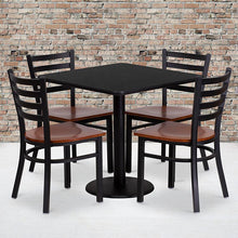 Load image into Gallery viewer, 30'' Square Black Table Set with 4 Ladder Back Metal Chairs - Cherry Wood Seat
