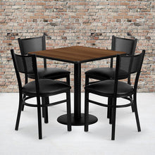 Load image into Gallery viewer, 30'' Square Walnut Table Set with 4 Grid Back Metal Chairs - Black Vinyl Seat
