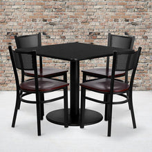 Load image into Gallery viewer, 36'' Square Black Table Set with 4 Grid Back Metal Chairs - Mahogany Wood Seat