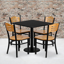 Load image into Gallery viewer, 30'' Black Table Set with 4 Wood Slat Back Metal Chairs - Natural Wood Seat