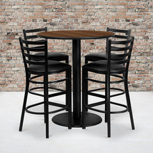 Load image into Gallery viewer, 36'' Walnut Table Set with 4 Ladder Back Metal Barstools - Black Vinyl Seat