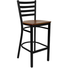 Load image into Gallery viewer, 30'' Round Black Table Set with 3 Ladder Back Metal Barstools - Cherry Wood Seat