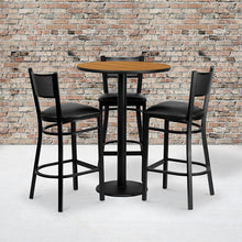 Load image into Gallery viewer, 30'' Round Natural Table Set with 3 Grid Back Metal Barstools - Black Vinyl Seat