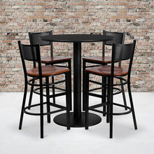 Load image into Gallery viewer, 36'' Round Black Table Set with 4 Grid Back Metal Barstools - Cherry Wood Seat