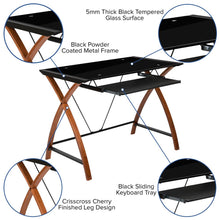 Load image into Gallery viewer, Black Glass Computer Desk with Pull-Out Keyboard Tray and Crisscross Frame