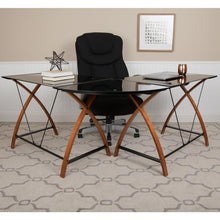 Load image into Gallery viewer, Black Glass L-Shape Corner Computer Desk with Pull-Out Keyboard Tray