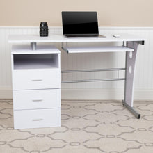 Load image into Gallery viewer, White Desk with Three Drawer Pedestal and Pull-Out Keyboard Tray