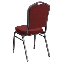 Load image into Gallery viewer, Crown Back Stacking Banquet Chair in Burgundy Fabric - Silver Vein Frame