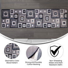 Load image into Gallery viewer, Geometric 2' x 7' Blue, Grey, and White Olefin Area Rug with Cotton Backing