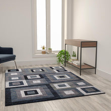 Load image into Gallery viewer, Geometric 5' x 7' Blue, Grey, and White Olefin Area Rug with Cotton Backing