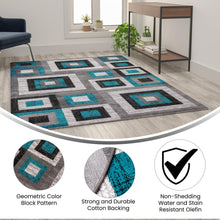 Load image into Gallery viewer, Geometric 5' x 7' Turquoise, Grey, and White Olefin Area Rug with Cotton Backing