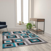 Load image into Gallery viewer, Geometric 5' x 7' Turquoise, Grey, and White Olefin Area Rug with Cotton Backing
