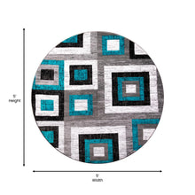 Load image into Gallery viewer, Geometric 5' x 5' Turquoise, Grey, and White Round Olefin Area Rug