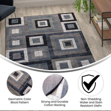 Load image into Gallery viewer, Geometric 6' x 9' Blue, Grey, and White Olefin Area Rug with Cotton Backing