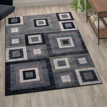 Load image into Gallery viewer, Geometric 6' x 9' Blue, Grey, and White Olefin Area Rug with Cotton Backing