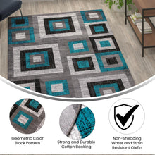 Load image into Gallery viewer, Geometric 6' x 9' Turquoise, Grey, and White Olefin Area Rug with Cotton Backing
