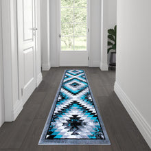 Load image into Gallery viewer, Southwestern 2' x 7' Turquoise Area Rug - Olefin Rug with Jute Backing