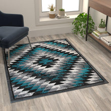 Load image into Gallery viewer, Southwestern 4' x 5' Turquoise Area Rug - Olefin Rug with Jute Backing