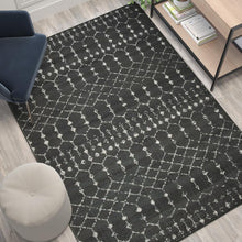 Load image into Gallery viewer, Geometric Bohemian Low Pile Rug - 5' x 7' - Dark Gray/Ivory Polyester