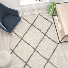 Load image into Gallery viewer, Shag Style Diamond Trellis Area Rug - 5' x 7' - Ivory/Gray Polyester (PET)