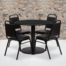 Load image into Gallery viewer, 36'' Black Table Set with Base and 4 Black Trapezoidal Back Banquet Chairs