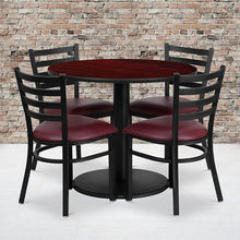 Load image into Gallery viewer, 36'' Mahogany Table Set with Base and 4 Metal Chairs - Burgundy Vinyl Seat