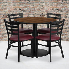Load image into Gallery viewer, 36'' Walnut Table Set with Base and 4 Metal Chairs - Burgundy Vinyl Seat
