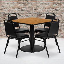 Load image into Gallery viewer, 36'' Natural Table Set with Base and 4 Black Trapezoidal Back Banquet Chairs