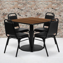 Load image into Gallery viewer, 36'' Walnut Table Set with Base and 4 Black Trapezoidal Back Banquet Chairs