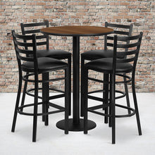 Load image into Gallery viewer, 30'' Walnut Table Set with Base and 4 Metal Barstools - Black Vinyl Seat