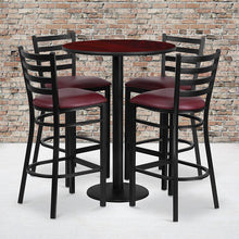 Load image into Gallery viewer, 30'' Mahogany Table Set with Base and 4 Metal Barstools - Burgundy Vinyl Seat