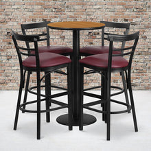 Load image into Gallery viewer, 24'' Natural Table Set with 4 Two-Slat Metal Barstools - Burgundy Vinyl Seat