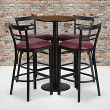 Load image into Gallery viewer, 24'' Walnut Table Set with 4 Two-Slat Metal Barstools - Burgundy Vinyl Seat