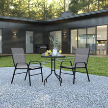 Load image into Gallery viewer, 3 Piece Set - 23.75" Tempered Glass Patio Table, 2 Gray Stack Chairs