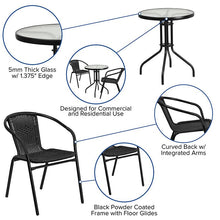 Load image into Gallery viewer, 23.75'' Round Glass Metal Table with 2 Black Rattan Stack Chairs