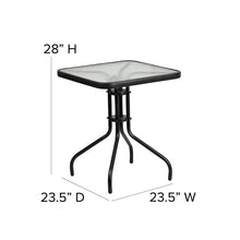 Load image into Gallery viewer, 23.5'' Square Glass Metal Table with 2 Black Metal Aluminum Slat Stack Chairs